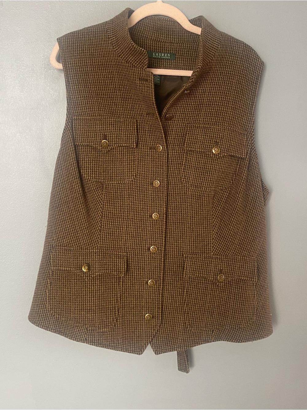 Lauren Ralph Lauren Brown Houndstooth Wool-Blend Vest